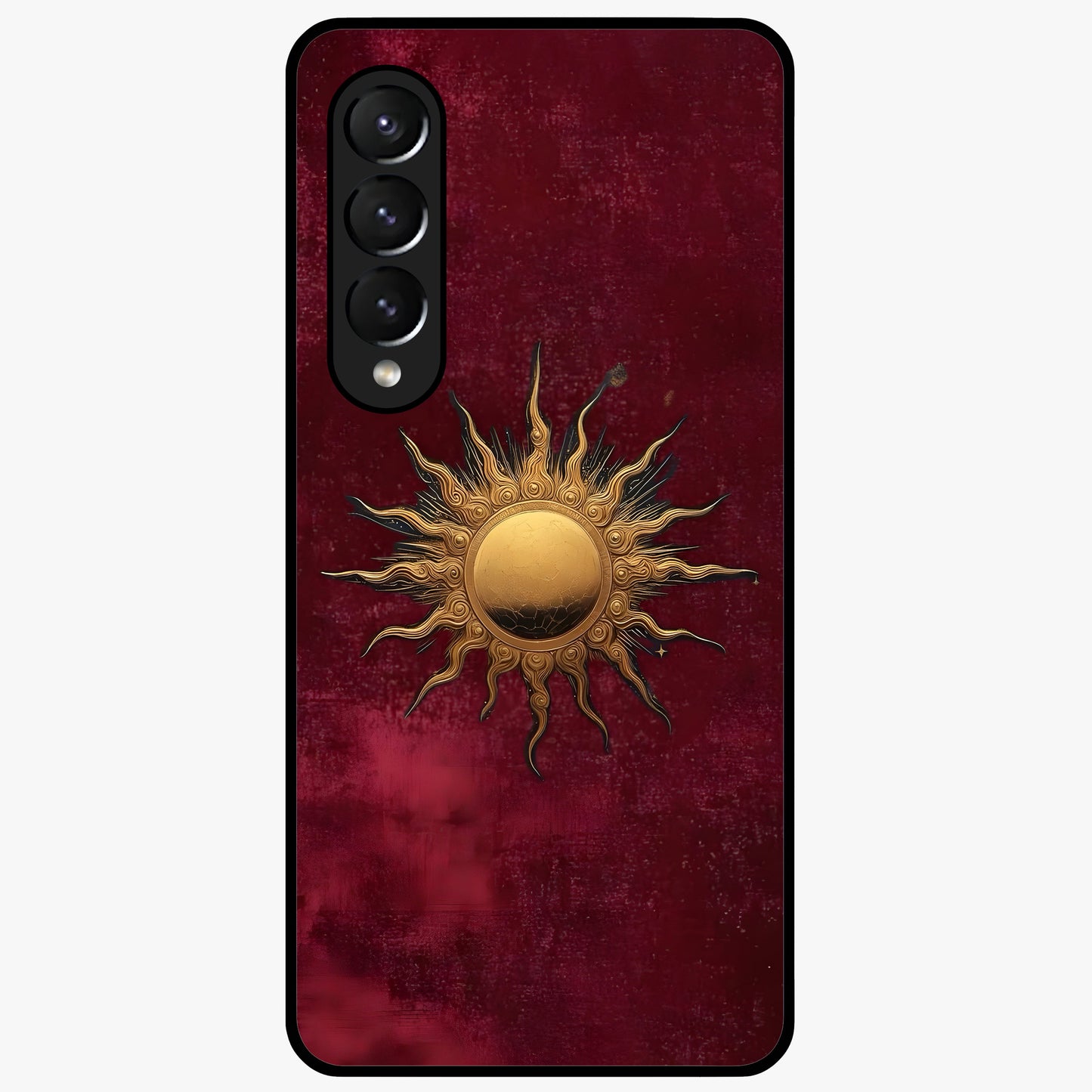 Gold Sun Blush Glass Case showing flat back view with golden sun inspired artwork and glossy glass finish.