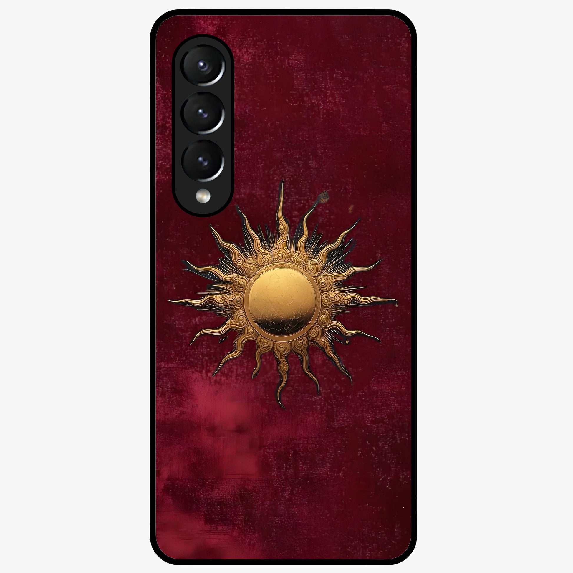 Gold Sun Blush Glass Case showing flat back view with golden sun inspired artwork and glossy glass finish.