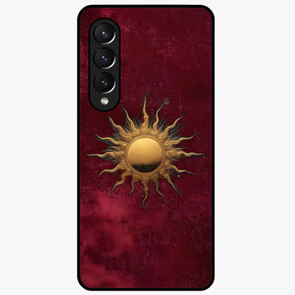 Gold Sun Blush Glass Case showing flat back view with golden sun inspired artwork and glossy glass finish.