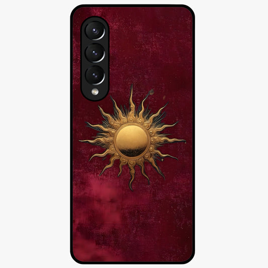 Gold Sun Blush Glass Case showing flat back view with golden sun inspired artwork and glossy glass finish.