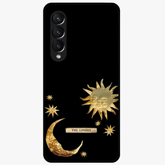 Golden Celestial Charm Glass Case showing flat back view with golden celestial charm artwork and glossy glass finish.