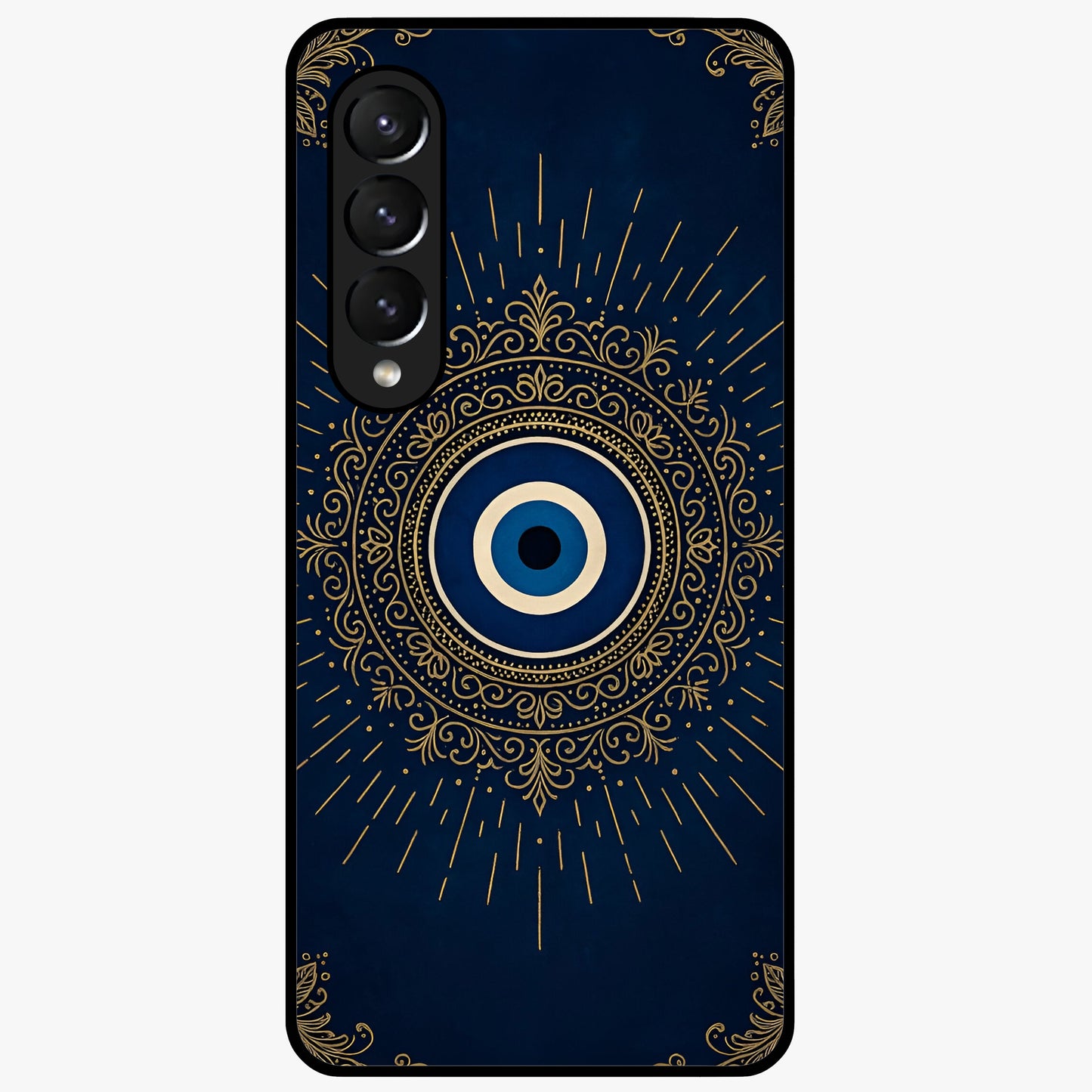 Golden Evil Eye Mandala Glass Case showing flat back view with intricate evil eye mandala artwork and glossy glass finish.