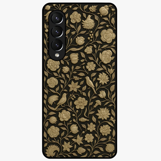Golden Floral Majesty Glass Case showing flat back view with luxurious golden floral artwork and glossy glass finish.