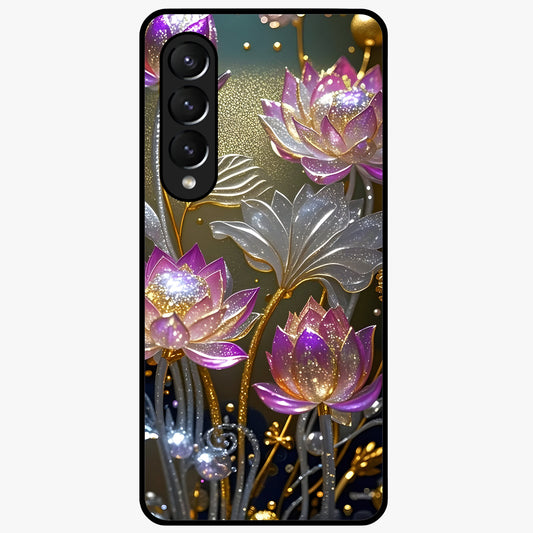 Golden Lotus Glow Glass Case showing flat back view with glowing lotus flower artwork and glossy glass finish.
