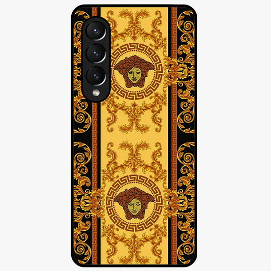 Golden Royal Heritage Glass Case showing flat back view with ornate royal pattern artwork and glossy glass finish.