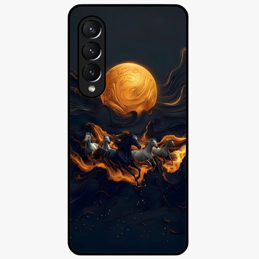 Golden Stallion Moonride Glass Case showing flat back view with majestic horse under moonlight artwork and glossy glass finish.