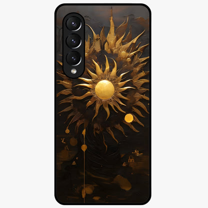 Golden Sun Majesty Glass Case showing flat back view with radiant golden sun artwork and glossy glass finish.