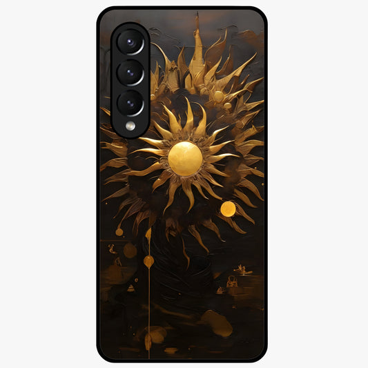 Golden Sun Majesty Glass Case showing flat back view with radiant golden sun artwork and glossy glass finish.