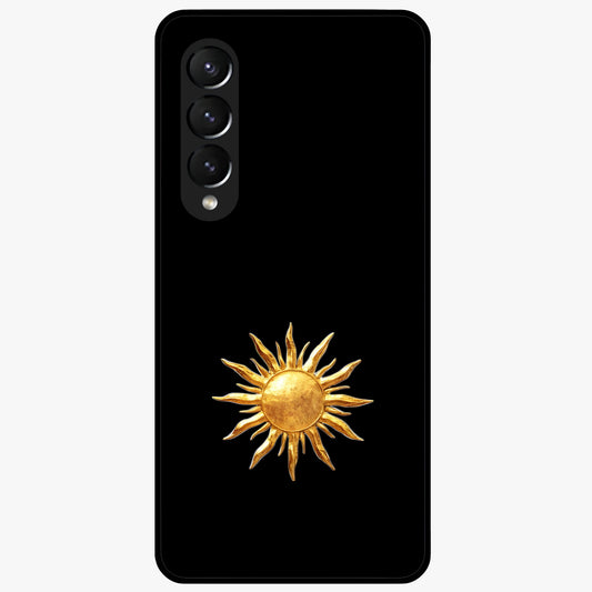 Golden Sun Minimalism Glass Case showing flat back view with minimal golden sun artwork and glossy glass finish.