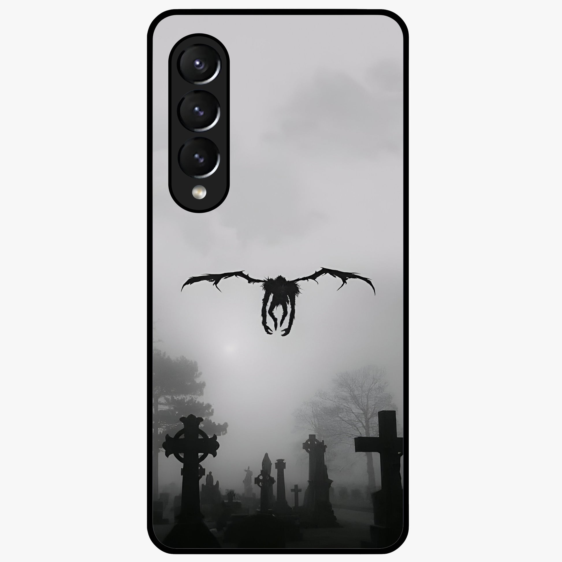 Graveyard Shadow Descent Glass Case showing flat back view with dark graveyard themed artwork and glossy glass finish.