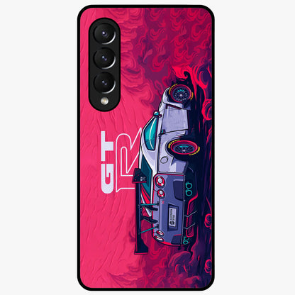 GT-R Car Pattern Glass Case showing flat back view with sporty car inspired pattern artwork and glossy glass finish.