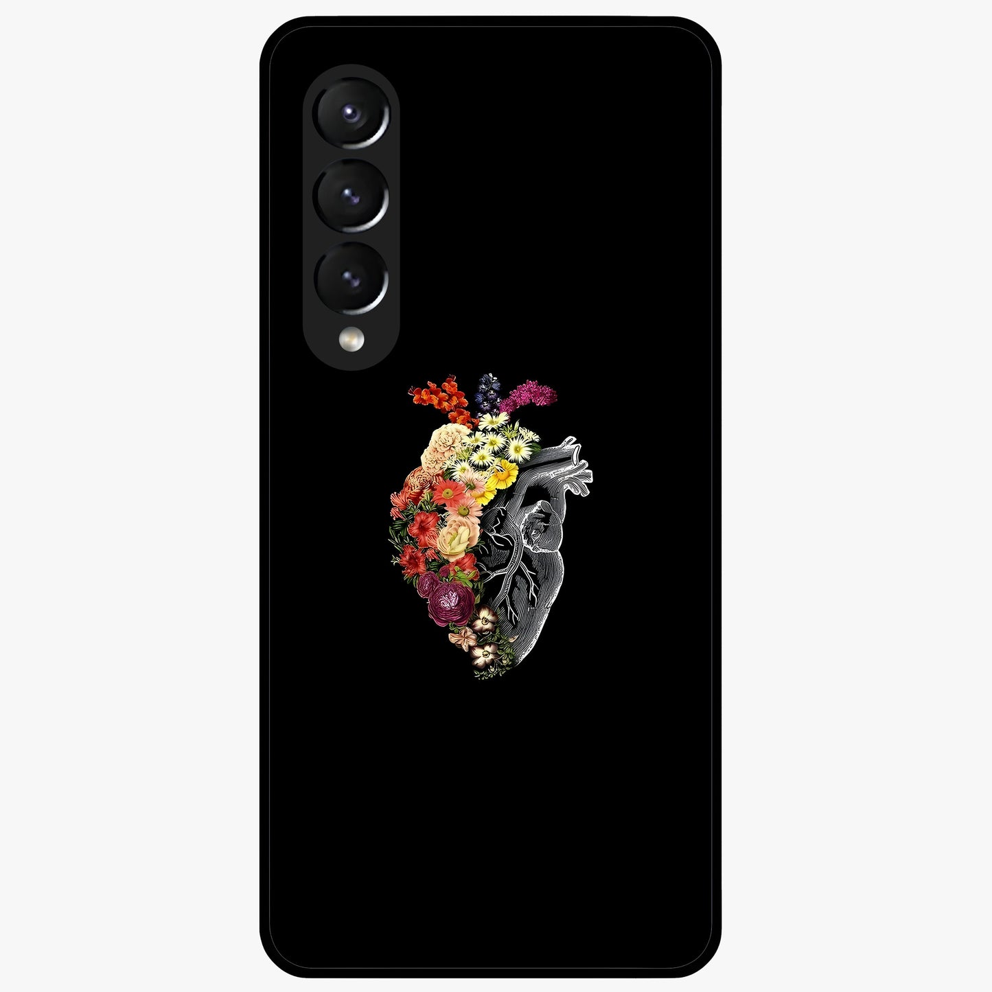 Heart With Flowers Glass Case showing flat back view with heart shaped floral artwork and glossy glass finish.