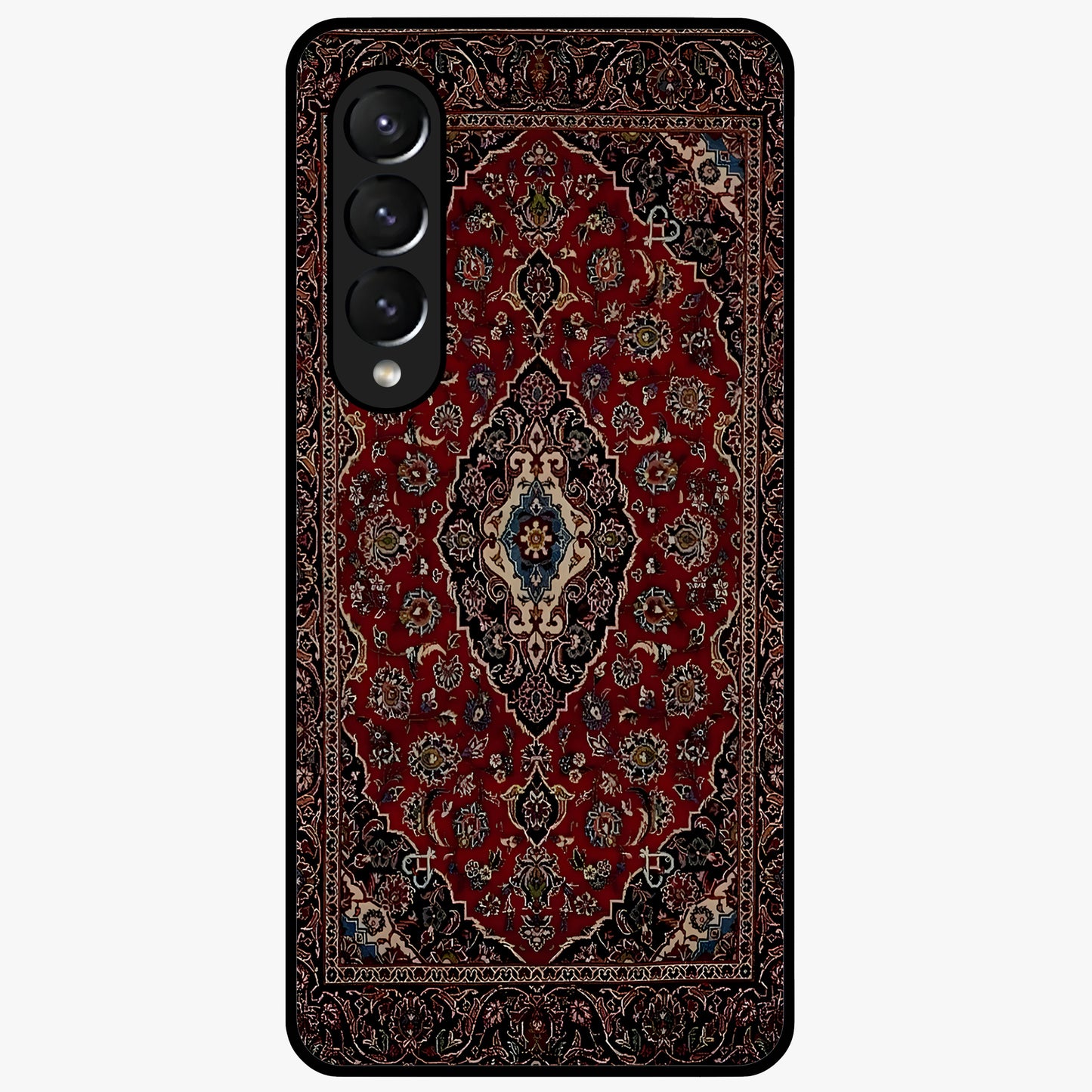 Heritage Carpet Royale Glass Case showing flat back view with ornate Persian carpet inspired pattern and glossy glass finish.