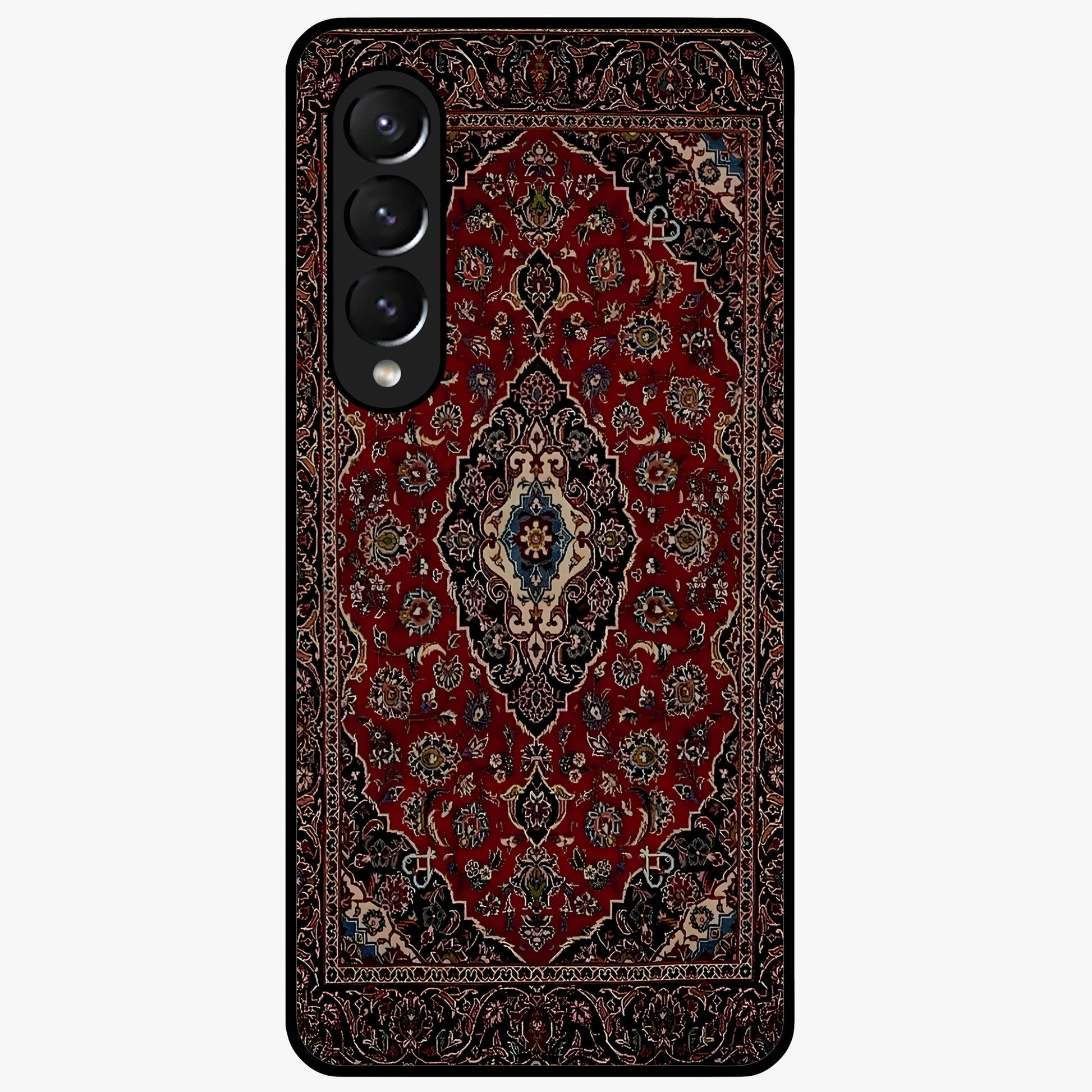 Heritage Carpet Royale Glass Case showing flat back view with ornate Persian carpet inspired pattern and glossy glass finish.