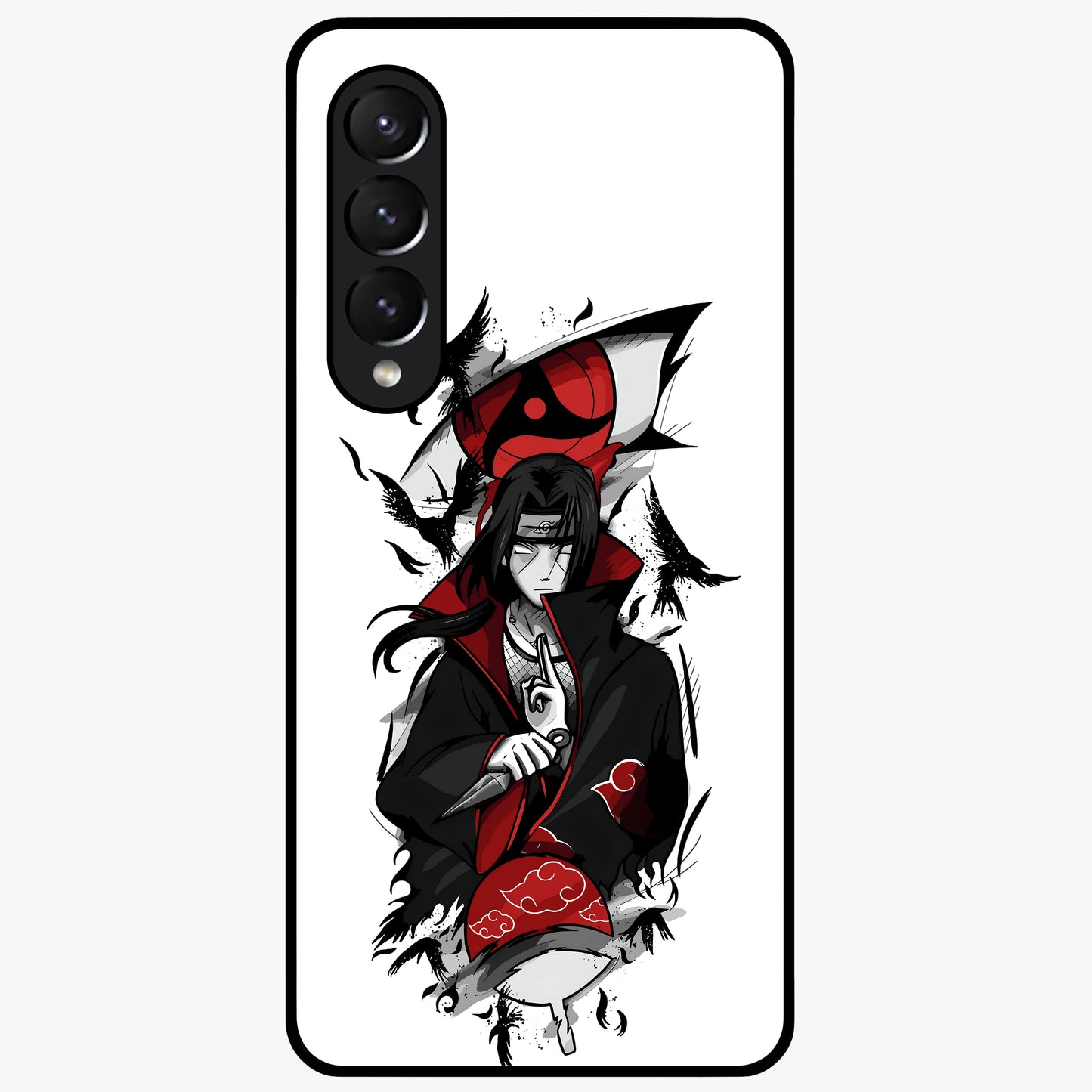 Itachi Sharingan Glass Case showing flat back view with powerful anime eye artwork and glossy glass finish.