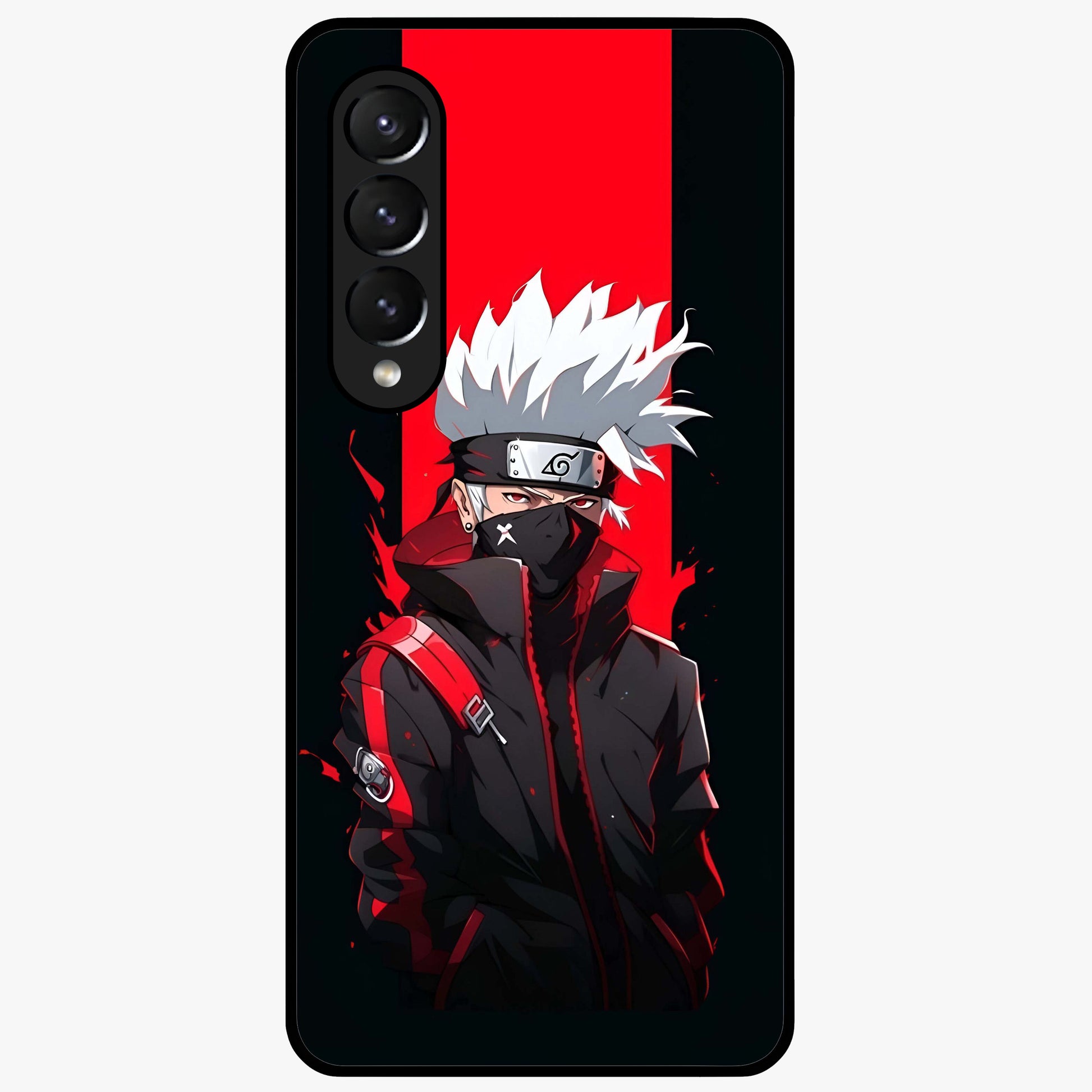 Kakashi Scarlet Shadow Glass Case showing flat back view with powerful anime ninja artwork and glossy glass finish.