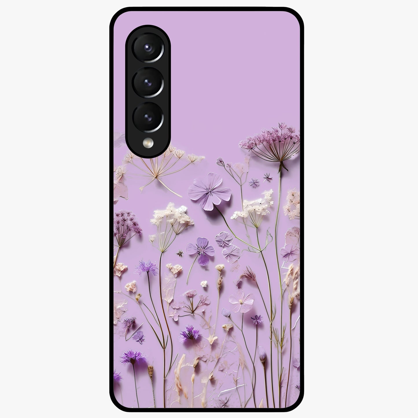 Lavender Blossom Dream Glass Case showing flat back view with soft lavender floral artwork and glossy glass finish.
