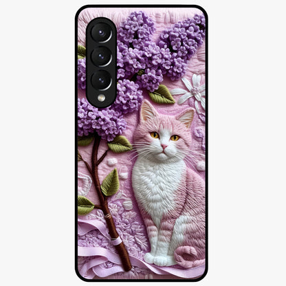 Lavender Cat Whimsy Glass Case showing flat back view with cute lavender cat artwork and glossy glass finish.