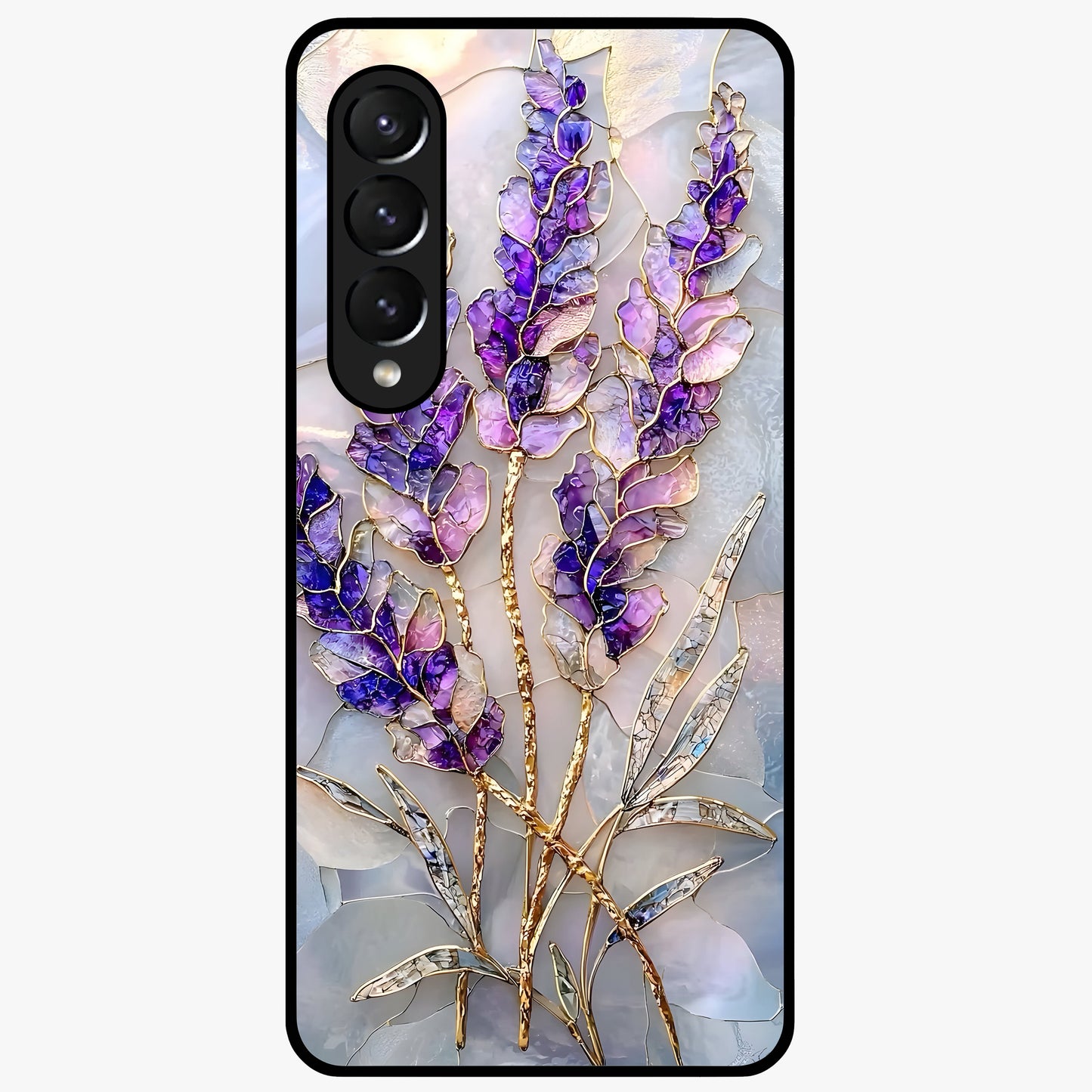 Lavender Dream Glow Glass Case showing flat back view with glowing lavender aesthetic artwork and glossy glass finish.