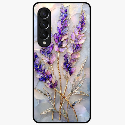 Lavender Dream Glow Glass Case showing flat back view with glowing lavender aesthetic artwork and glossy glass finish.