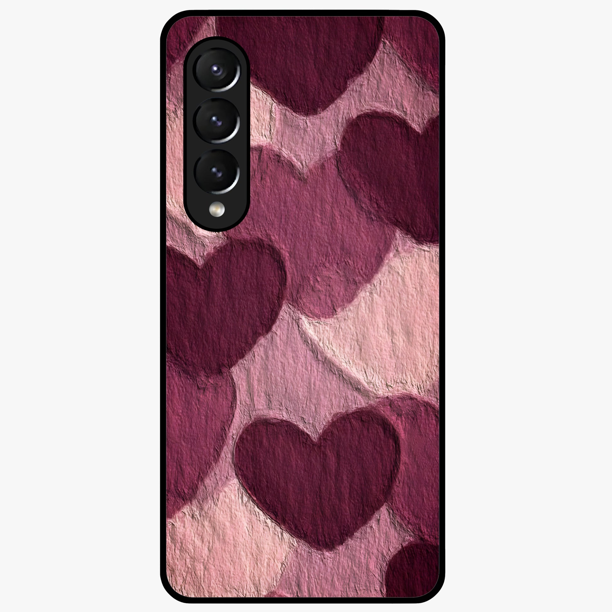 Layered Paper Hearts Glass Case showing flat back view with layered paper heart artwork and glossy glass finish.