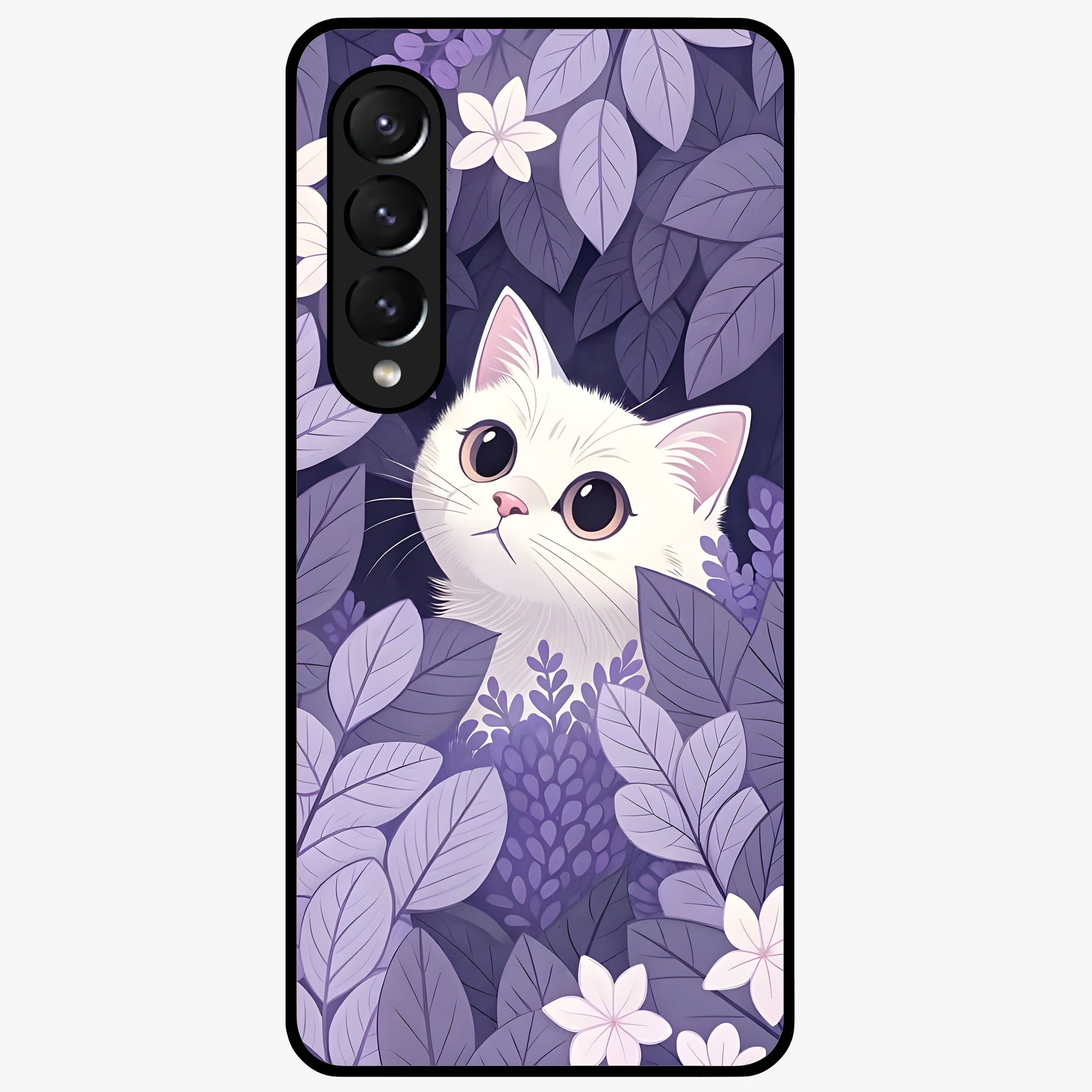 Lilac Hide Peek Cat Glass Case showing flat back view with cute peeking cat artwork and glossy glass finish.