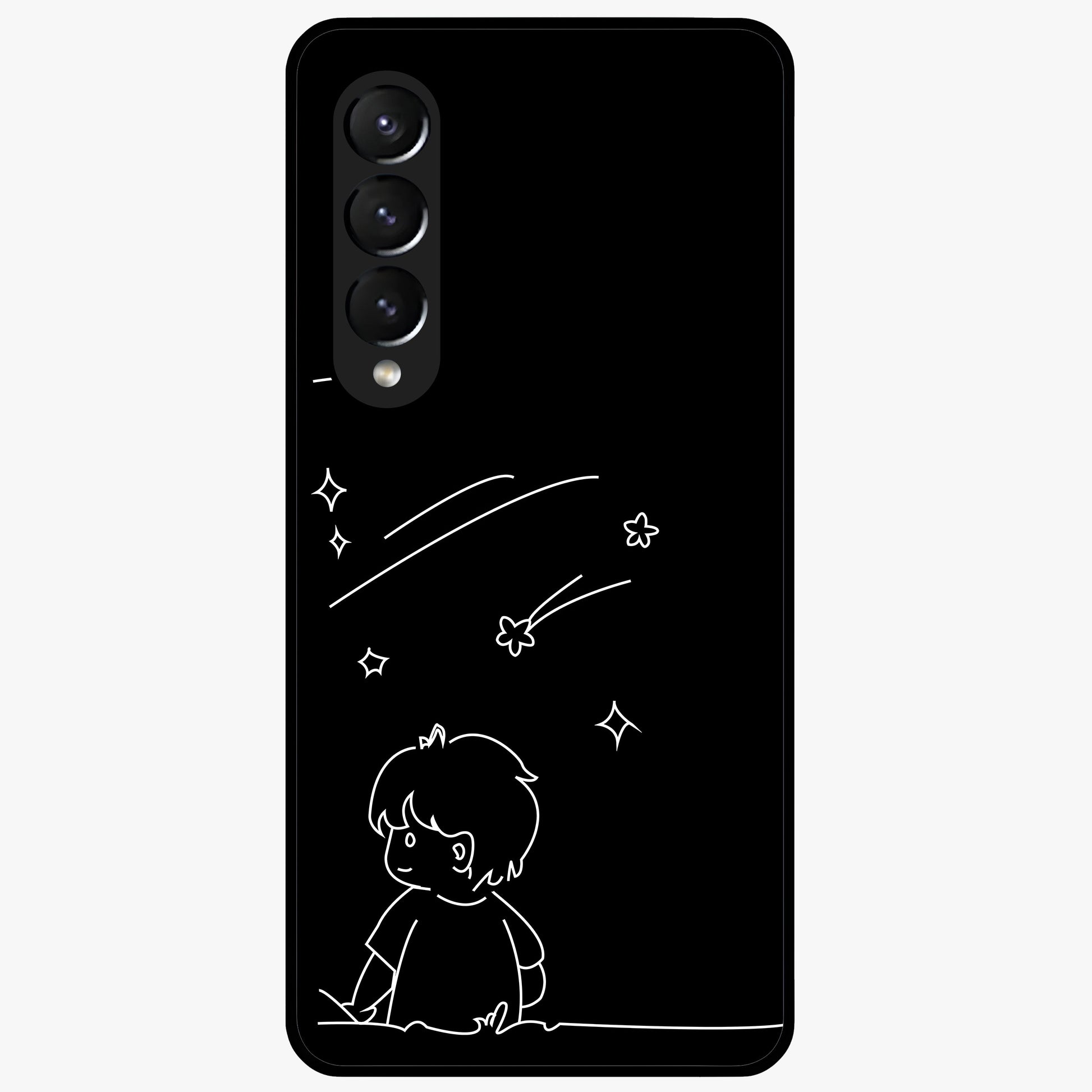 Line Art Boy With Shooting Stars Glass Case showing flat back view with minimal line art boy and shooting stars illustration and glossy glass finish.