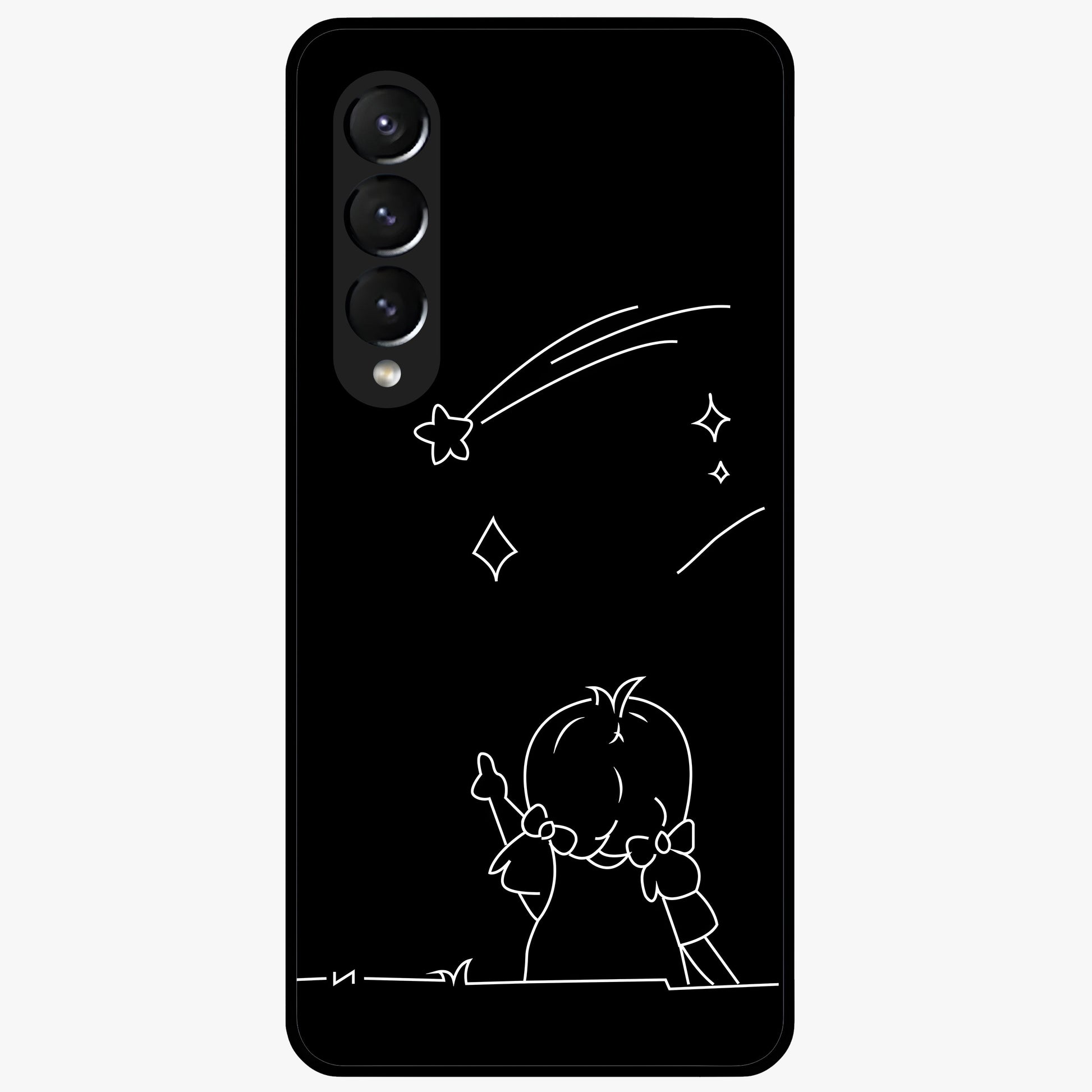 Line Art Girl With Shooting Stars Glass Case showing flat back view with minimal line art girl and shooting stars illustration and glossy glass finish.
