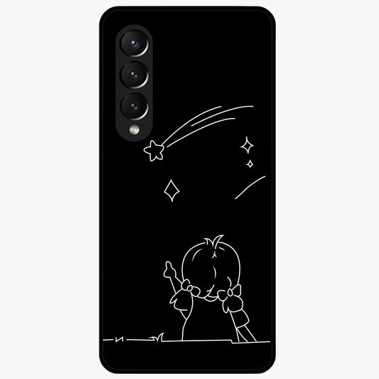 Line Art Girl With Shooting Stars Glass Case showing flat back view with minimal line art girl and shooting stars illustration and glossy glass finish.