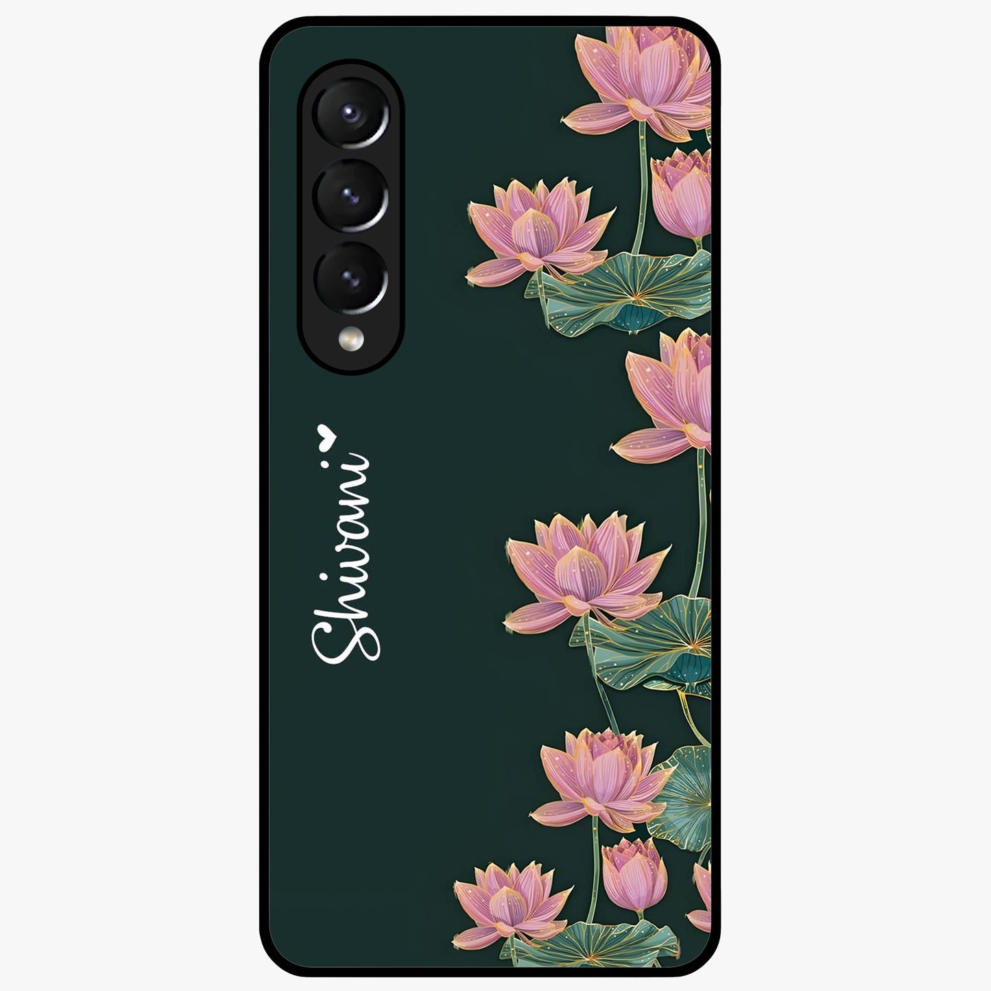 Lotus Bloom Serenity Custom Name Glass Case showing flat back view with elegant lotus flower artwork and personalized name design.