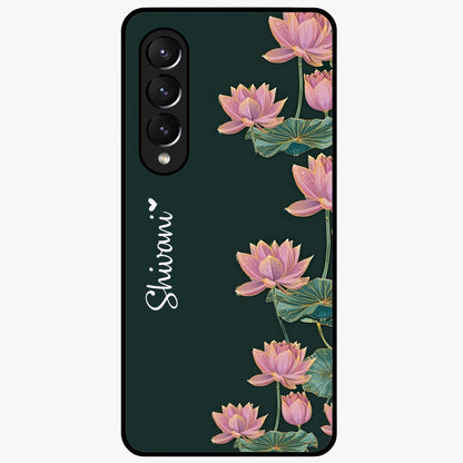 Lotus Bloom Serenity Custom Name Glass Case showing flat back view with elegant lotus flower artwork and personalized name design.
