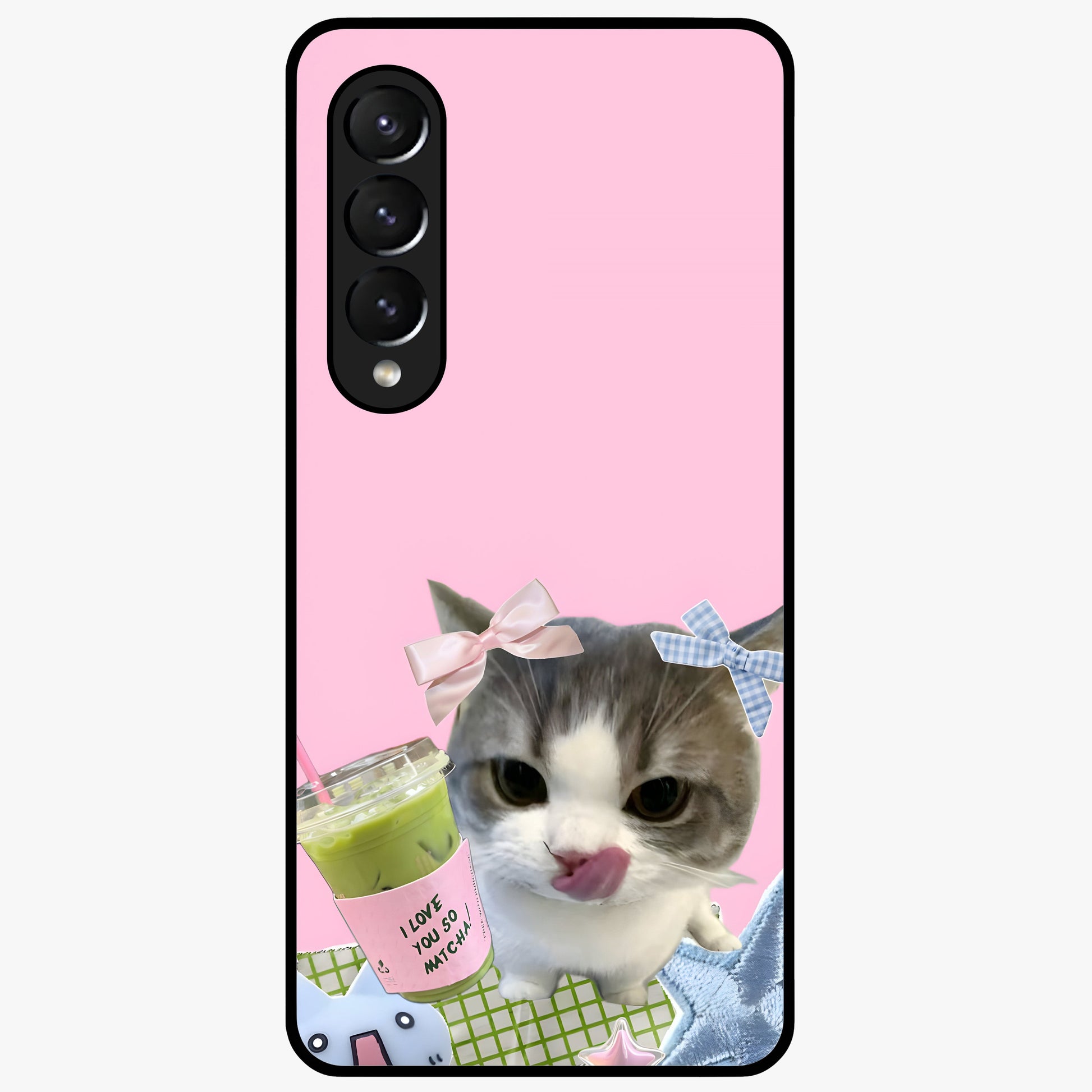 Love Matcha Cat Glass Case showing flat back view with cute cat and matcha themed artwork and glossy glass finish.