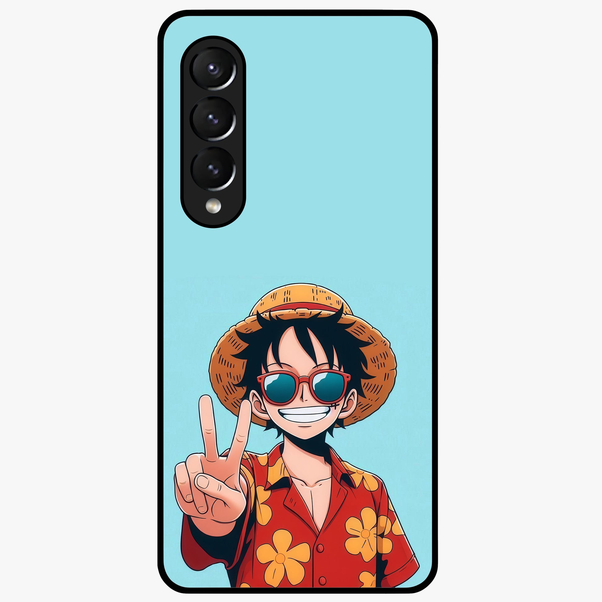 Luffy Summer Anime Vibe Glass Case showing flat back view with vibrant anime character artwork and glossy glass finish.