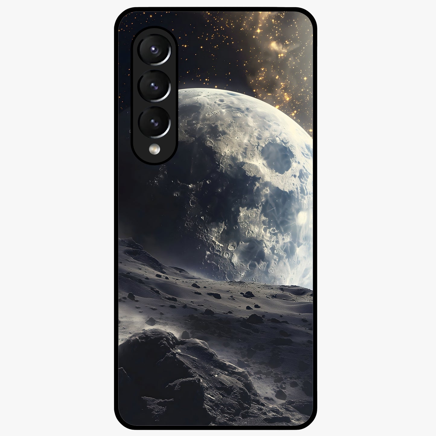 Lunar Horizon Glow Glass Case showing flat back view with glowing moon horizon artwork and glossy glass finish.