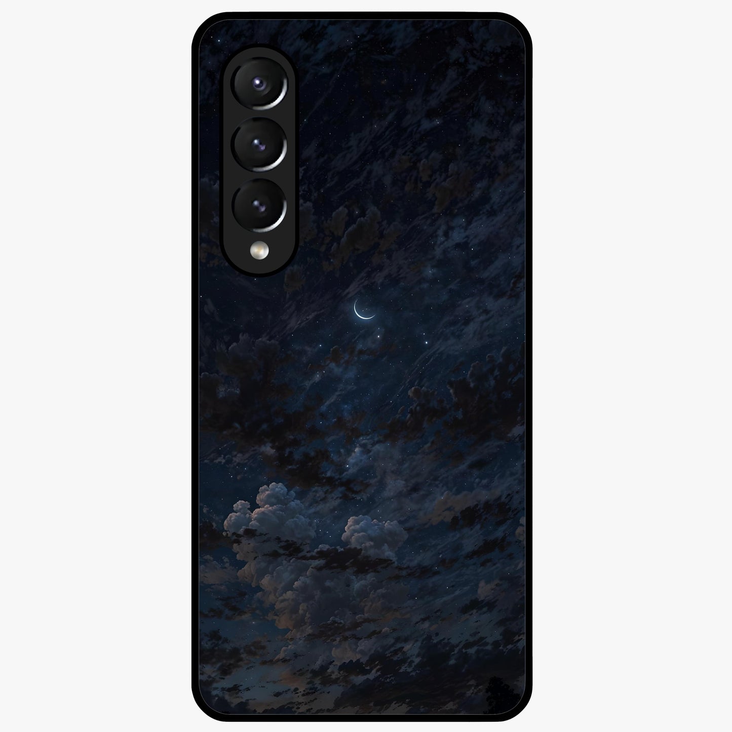 Lunar Veil Silence Glass Case showing flat back view with mystical moon veil artwork and glossy glass finish.
