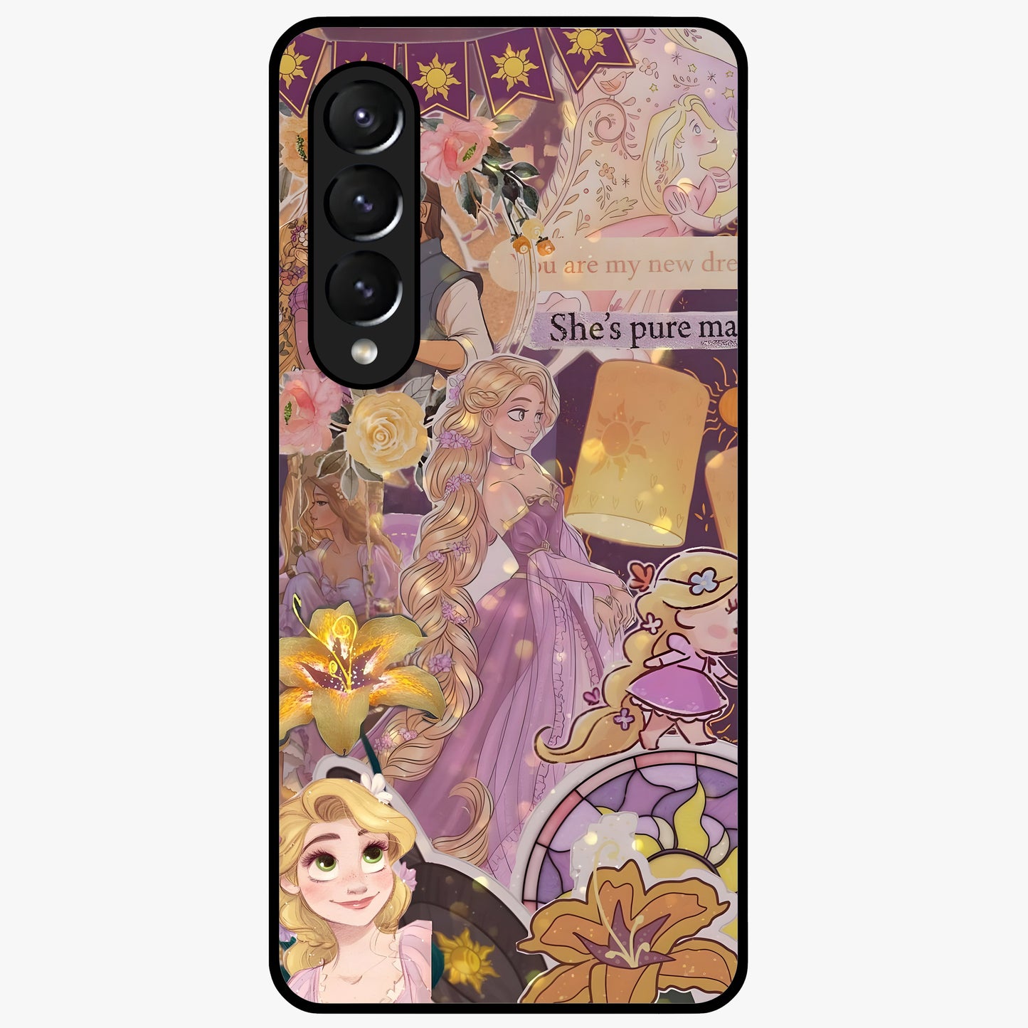 Magical Tangled Dream Glass Case showing flat back view with dreamy tangled artwork and glossy glass finish.