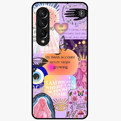 Manifestation Collage Glass Case showing flat back view with motivational collage artwork and glossy glass finish.