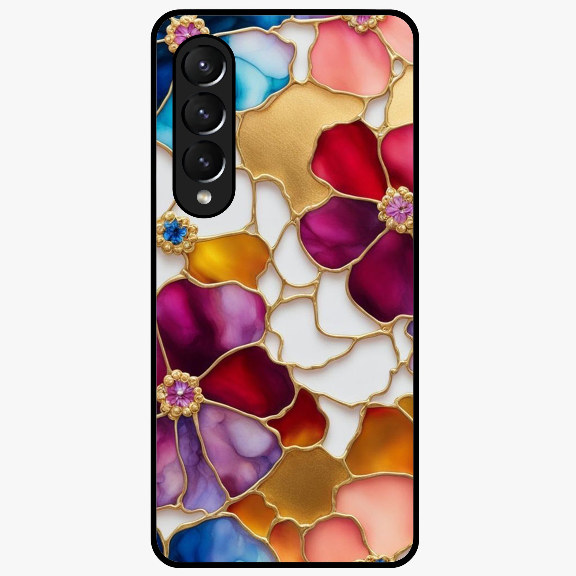 Marble Flower Pattern Glass Case showing flat back view with marble texture floral artwork and glossy glass finish.