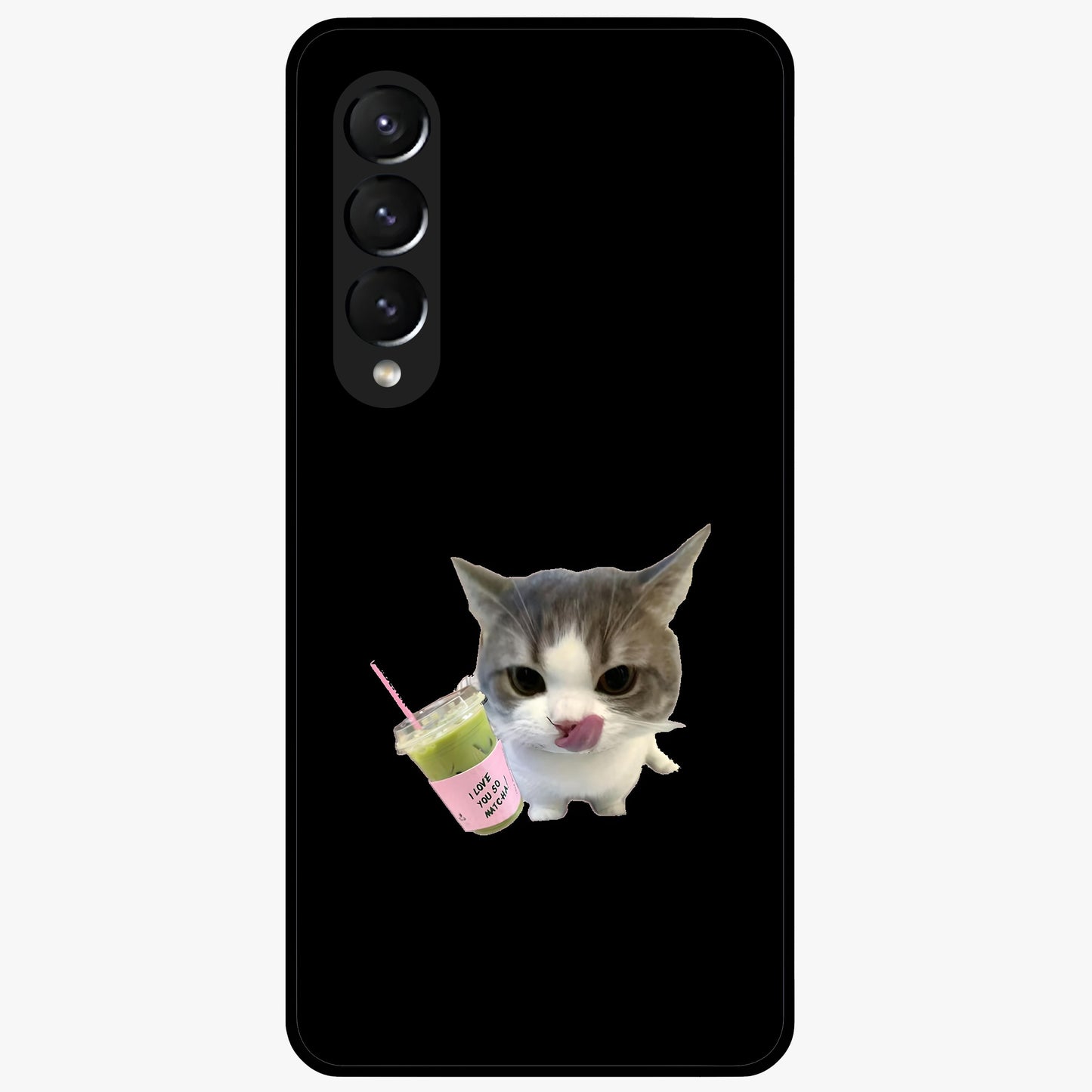 Matcha Cat Style Glass Case showing flat back view with cute matcha themed cat artwork and glossy glass finish.