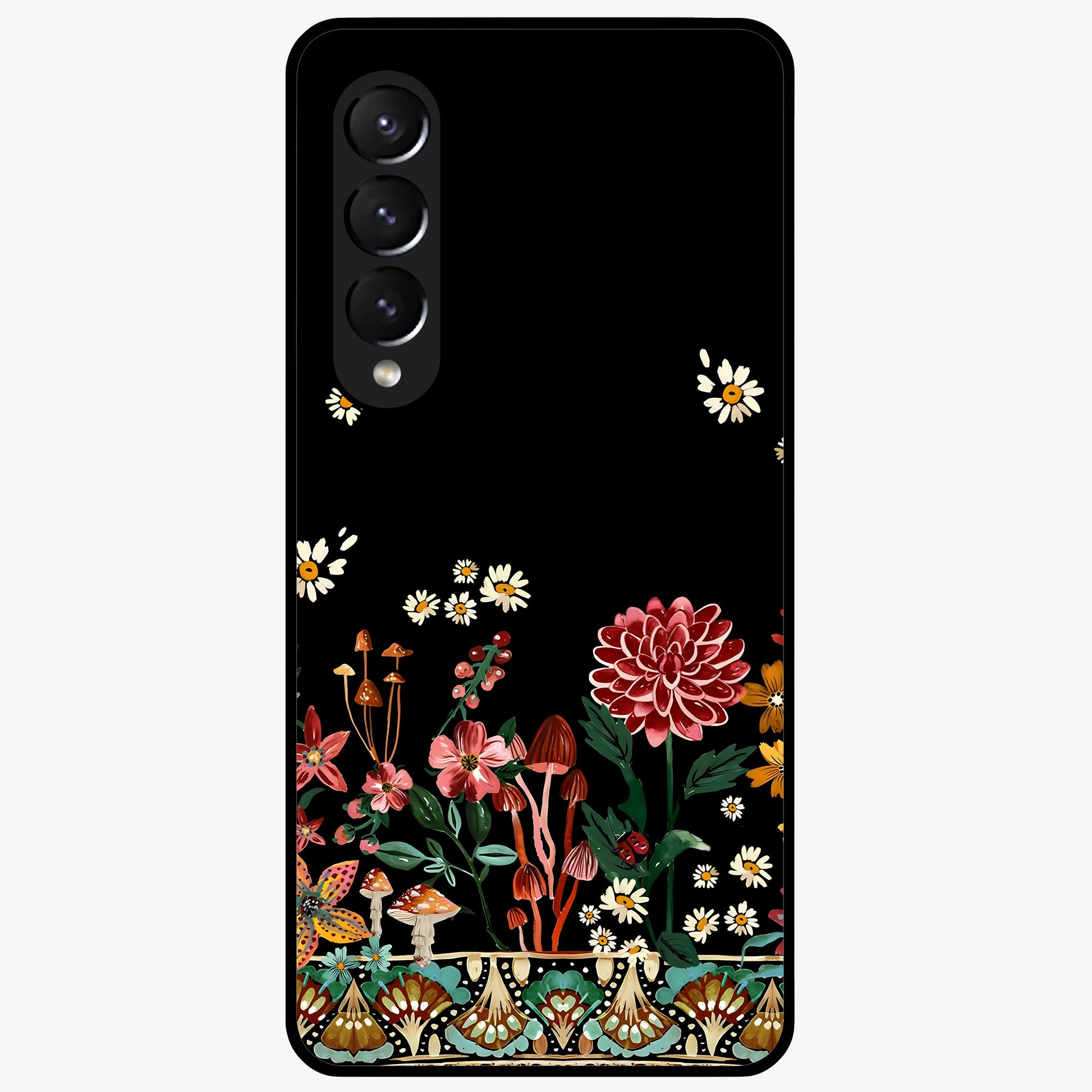 Midnight Bloom Pattern Glass Case showing flat back view with dark floral pattern artwork and glossy glass finish.