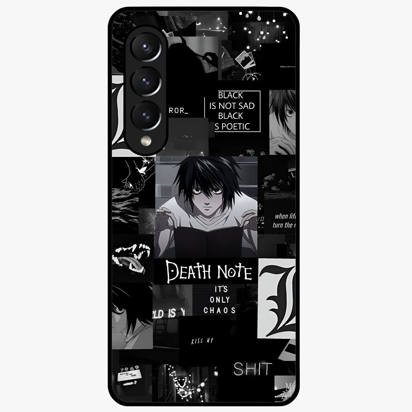 Midnight Chaos Mind Glass Case showing flat back view with abstract dark themed artwork and glossy glass finish.