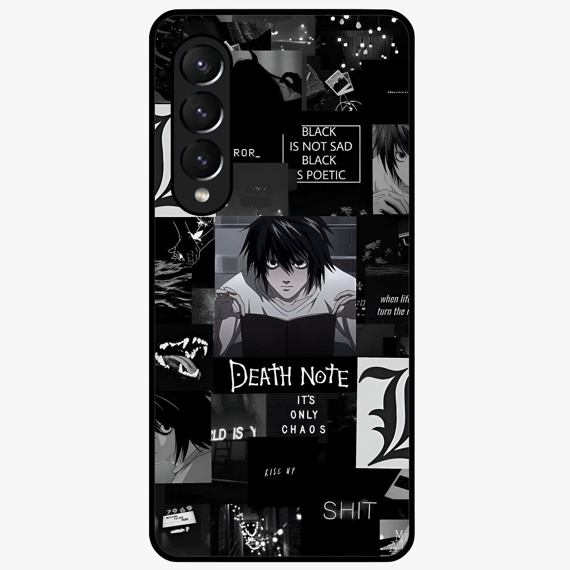 Midnight Chaos Mind Glass Case showing flat back view with abstract dark themed artwork and glossy glass finish.