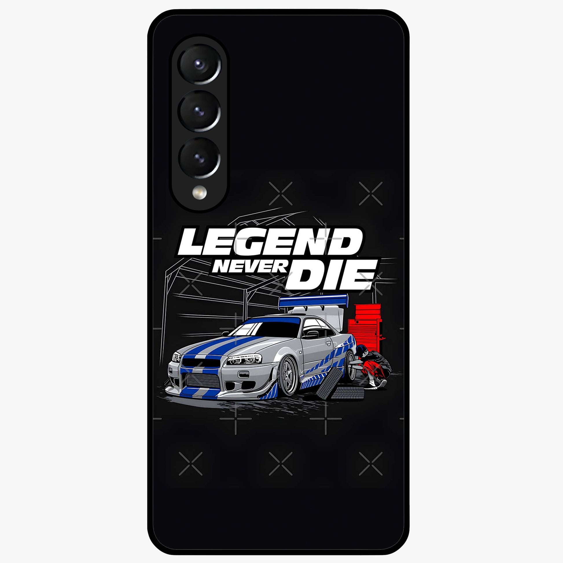Midnight Racing Legacy Glass Case showing flat back view with sleek racing inspired artwork and glossy glass finish.