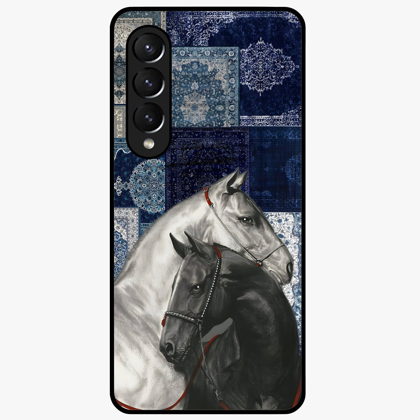 Midnight Stallion Blues Glass Case showing flat back view with majestic horse artwork and glossy glass finish.