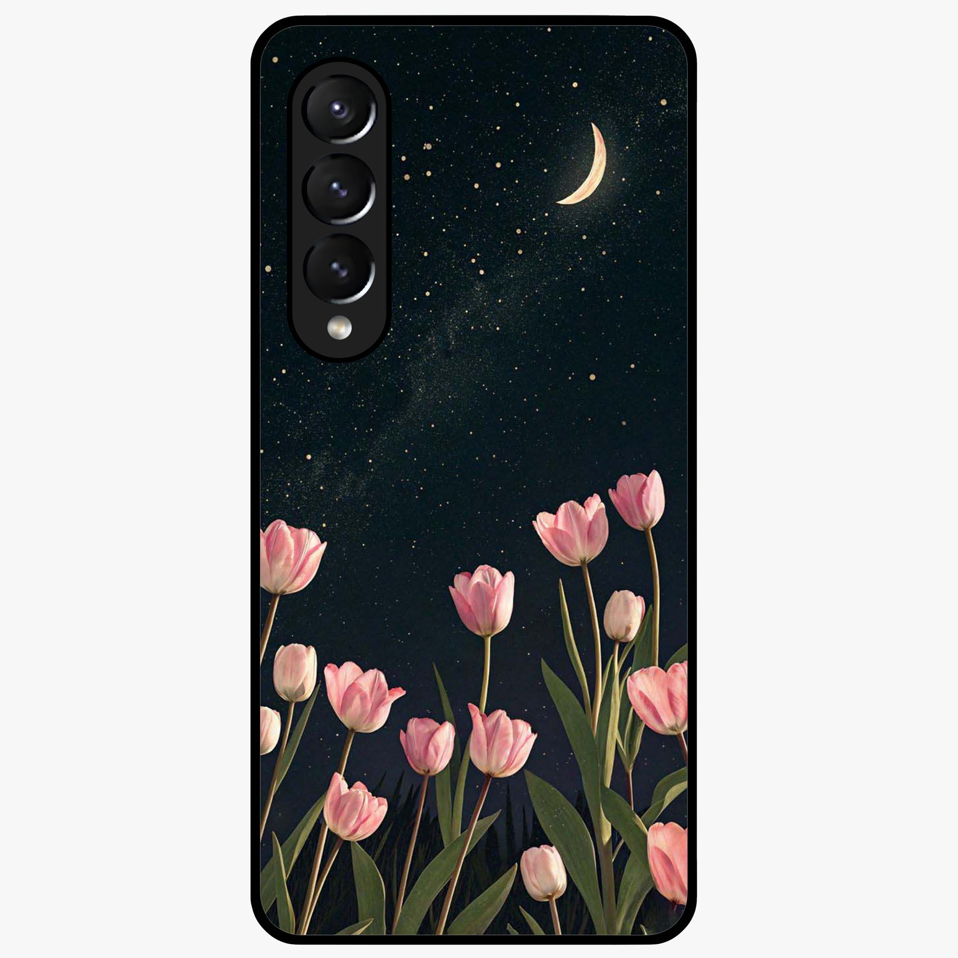 Midnight Tulip Whispers Vibe Glass Case showing flat back view with elegant tulip flower artwork and glossy glass finish.