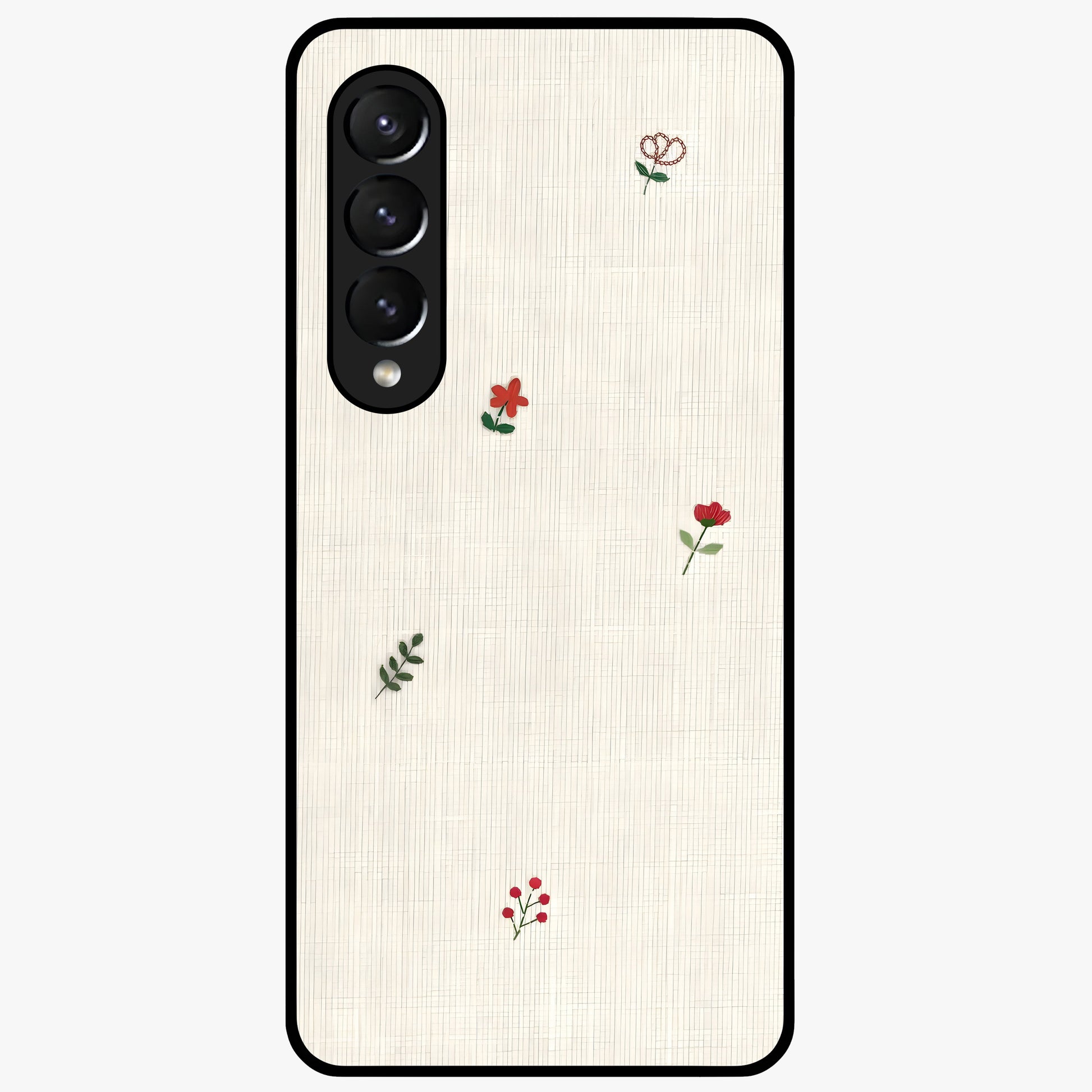 Minimal Petal Whispers Glass Case showing flat back view with soft minimal floral artwork and glossy glass finish.