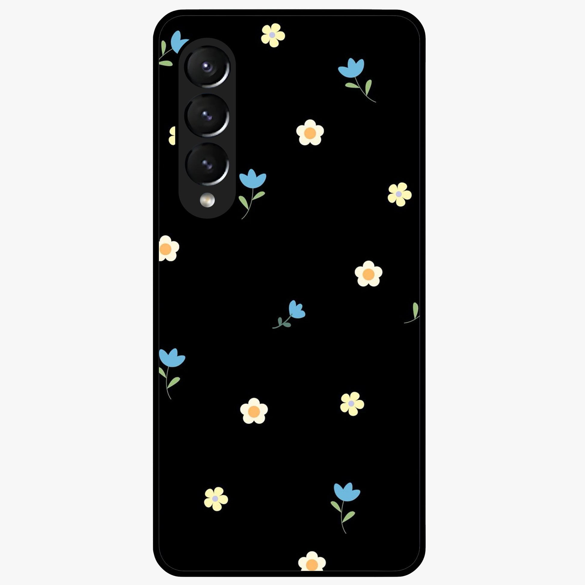 Minimalistic Blue With White Flower Pattern Glass Case showing flat back view with blue background and white flower pattern and glossy glass finish.