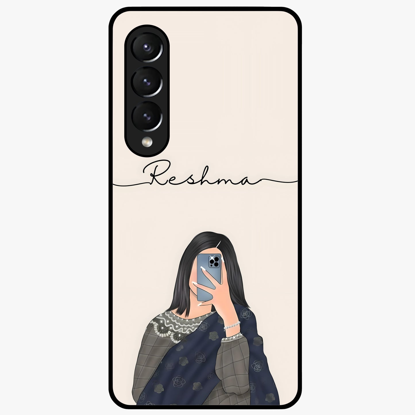 Mirror Mood Muse With Custom Name Glass Case showing flat back view with stylish mirrored artwork and personalized name design.