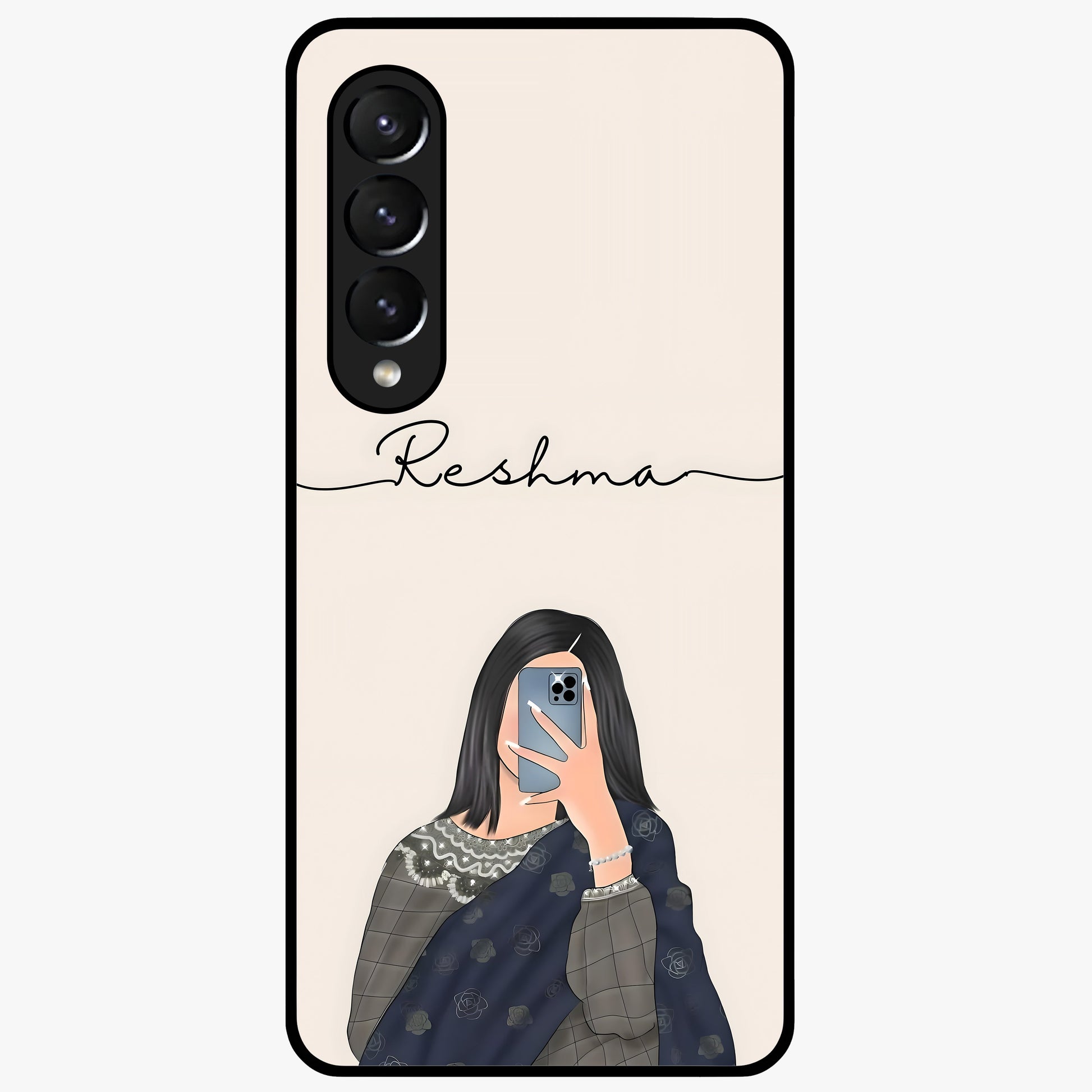 Mirror Mood Muse With Custom Name Glass Case showing flat back view with stylish mirrored artwork and personalized name design.