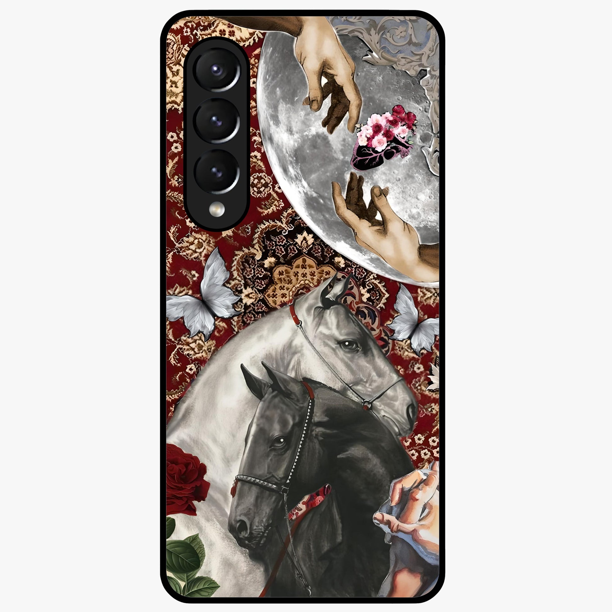 Moonlit Royal Stallion Glass Case showing flat back view with majestic horse under moonlight artwork and glossy glass finish.